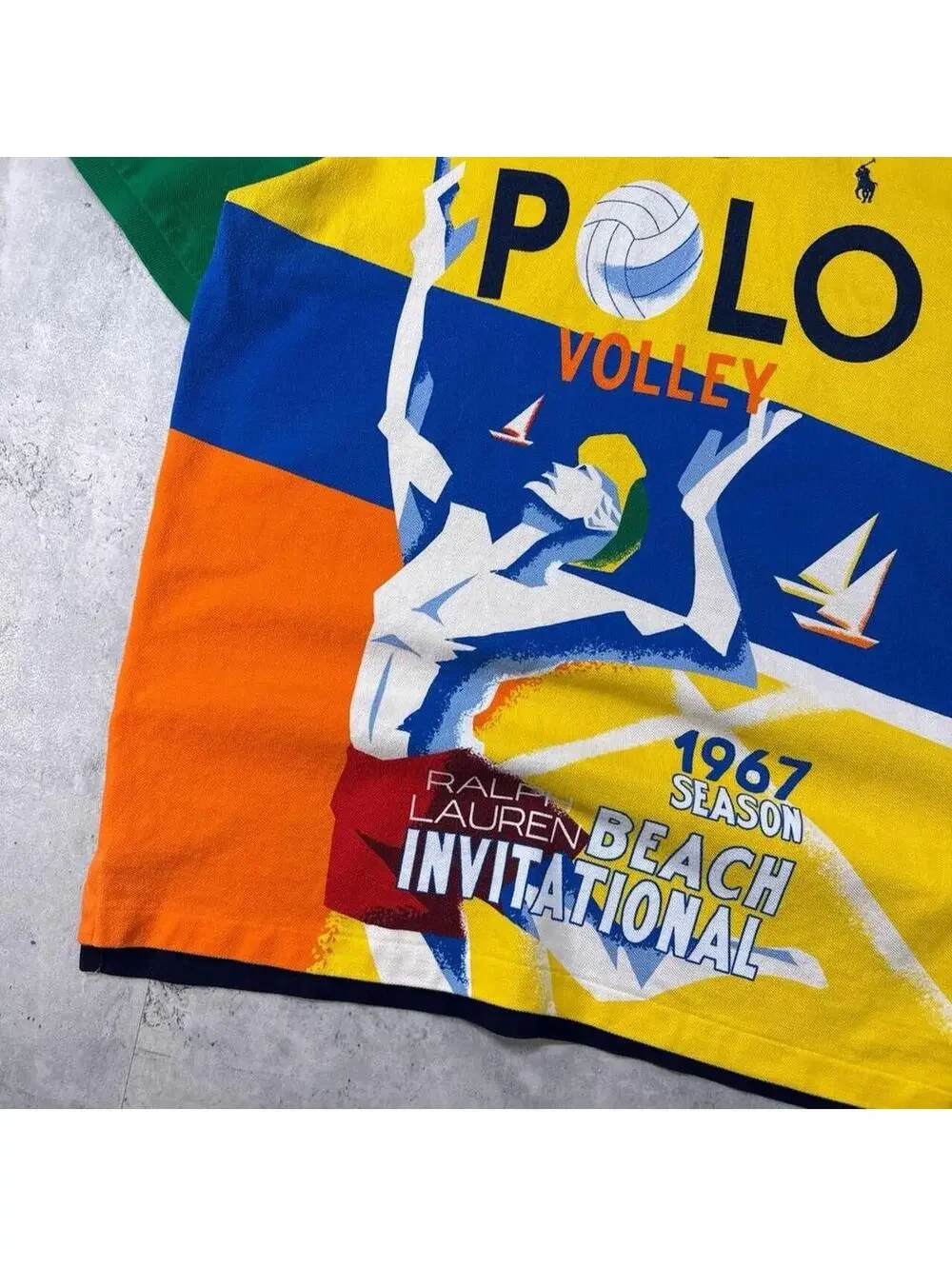 Y2K Polo Ralph Lauren Volleyball AOP Color Block Beach Polo Shirt